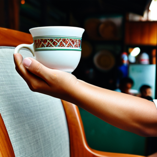 Home 4 A person, fully clothed in modest, comfortable attire, gently holding a classic Malaysian mamak-style tea cup with a natural, ergonomic grip. The scene is set in a warm, inviting mamak stall with soft natural lighting, reflecting a comfortable and family-friendly atmosphere. A comfortable wooden chair is subtly visible in the background, hinting at ease of use. The focus is on the seamless, professional interaction between user and product, highlighting user comfort and thoughtful design, fully clothed, appropriate attire, safe for work, perfect anatomy, natural proportions, well-formed hands, proper finger count, natural body proportions, high quality.
