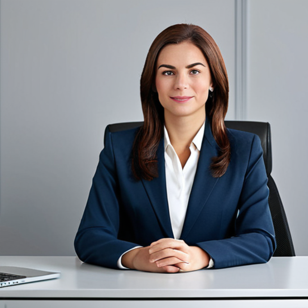 A professional businesswoman in a modest business suit, sitting at a desk in a modern office, fully clothed, appropriate attire, safe for work, perfect anatomy, natural proportions, professional photography, high quality.