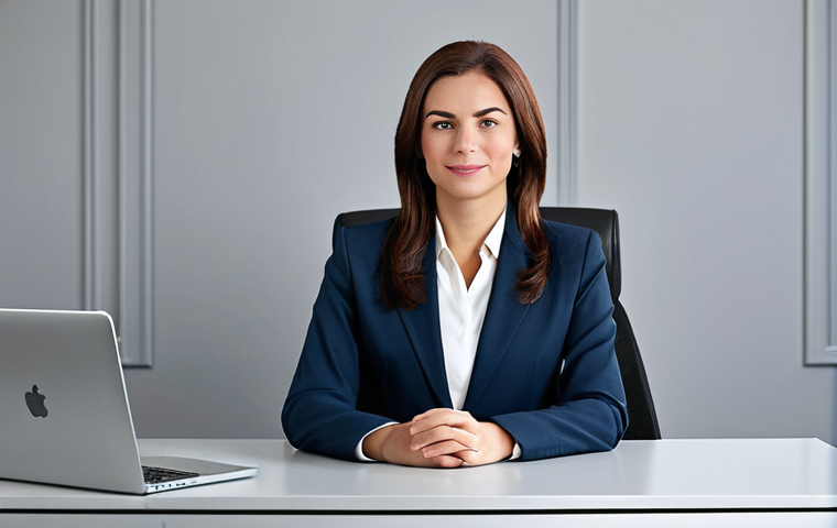 A professional businesswoman in a modest business suit, sitting at a desk in a modern office, fully clothed, appropriate attire, safe for work, perfect anatomy, natural proportions, professional photography, high quality.