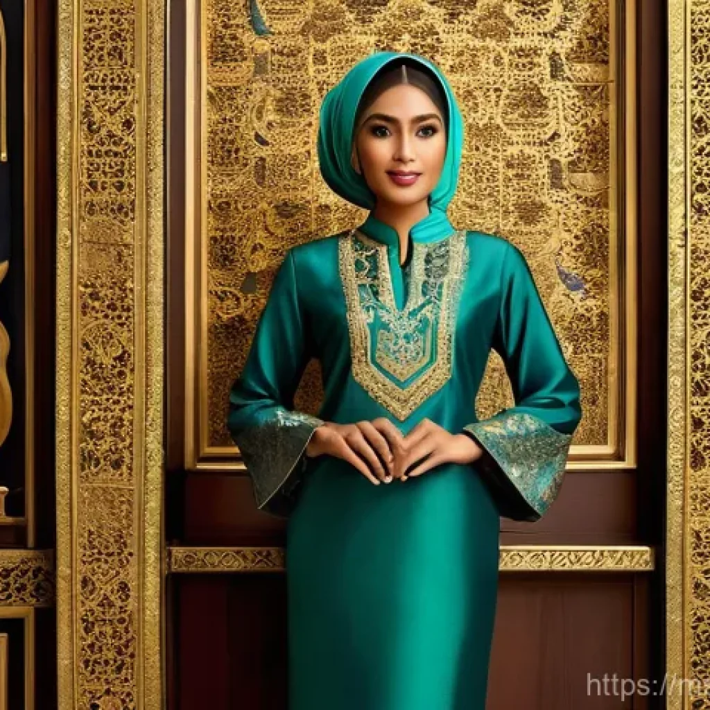 물성매력 디자인의 패턴 활용 - **Prompt:** "A full-body portrait of a graceful Malay woman, mid-20s, standing confidently. She is e...