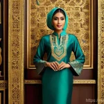 물성매력 디자인의 패턴 활용 - **Prompt:** "A full-body portrait of a graceful Malay woman, mid-20s, standing confidently. She is e...