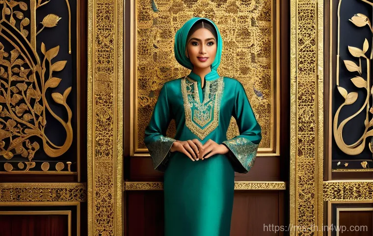 물성매력 디자인의 패턴 활용 - **Prompt:** "A full-body portrait of a graceful Malay woman, mid-20s, standing confidently. She is e...