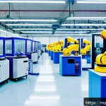 물성매력 디자인의 미래 전망 - A modern Malaysian factory interior showcasing advanced smart materials integrated into manufacturin...