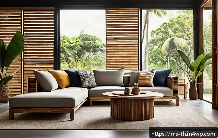 Home 31 물성매력 디자인의 지속적 혁신 - A modern Malaysian interior scene showcasing innovative modular furniture designed with eco-friendly...