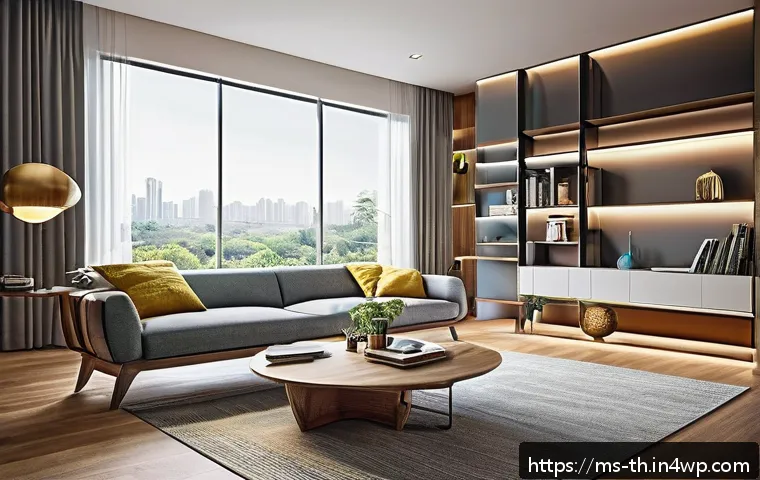 Home 30 물성매력 디자인의 미래 예측 - A futuristic living room interior featuring smart responsive materials: furniture surfaces dynamical...