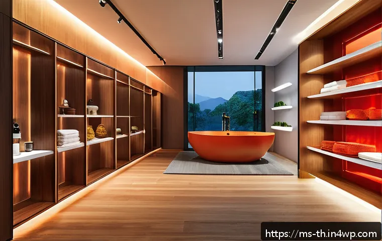 Home 17 물성매력 디자인의 감각적 요소 - A sophisticated modern interior showroom bathed in cool LED lighting that accentuates the sharp, viv...